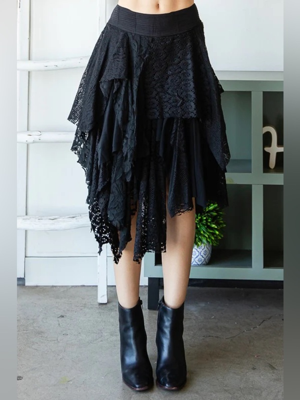 Oli & Hali Black Mixed Media Asymmetric Midi Skirt
